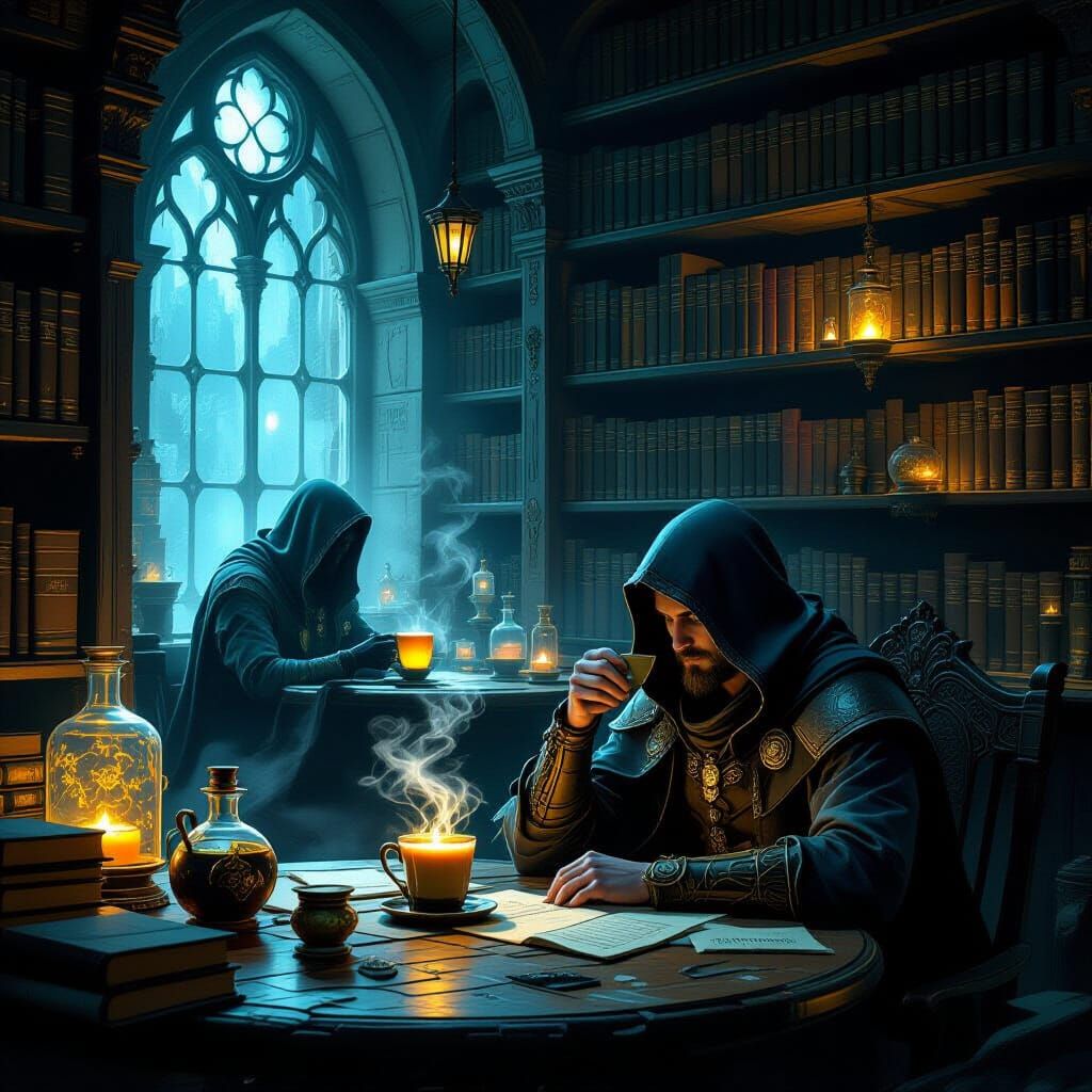 Fantasy Traveler in Ancient Library Cafe