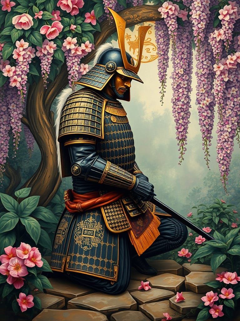 Surreal Samurai in Contemplative Garden Scene, Art Nouveau S...