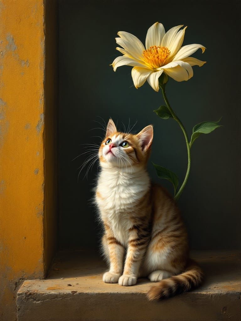 Adorable Cat Under Flower in Dutch Golden Age Style