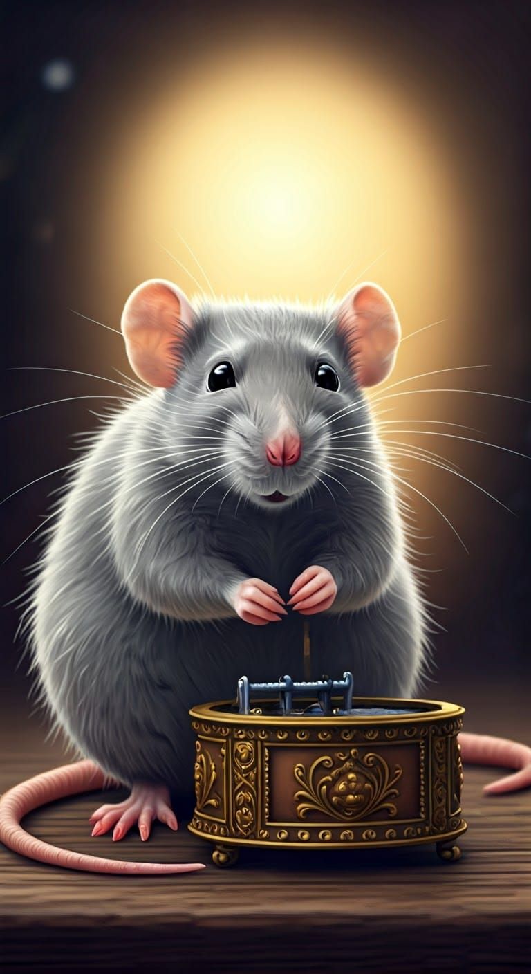 Charming Grey Rat with Music Box, Watercolor Style
