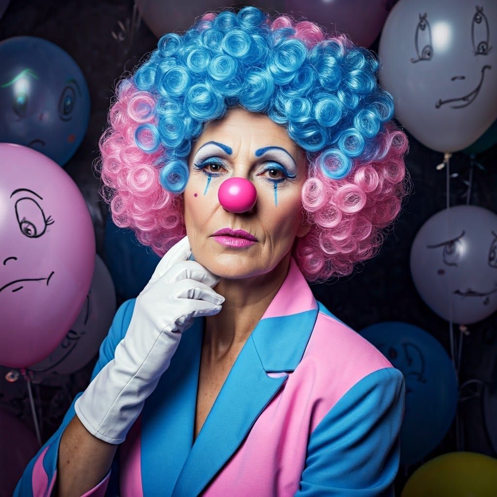 Stoic Whimsical Clown Woman in Vibrant Formal Attire