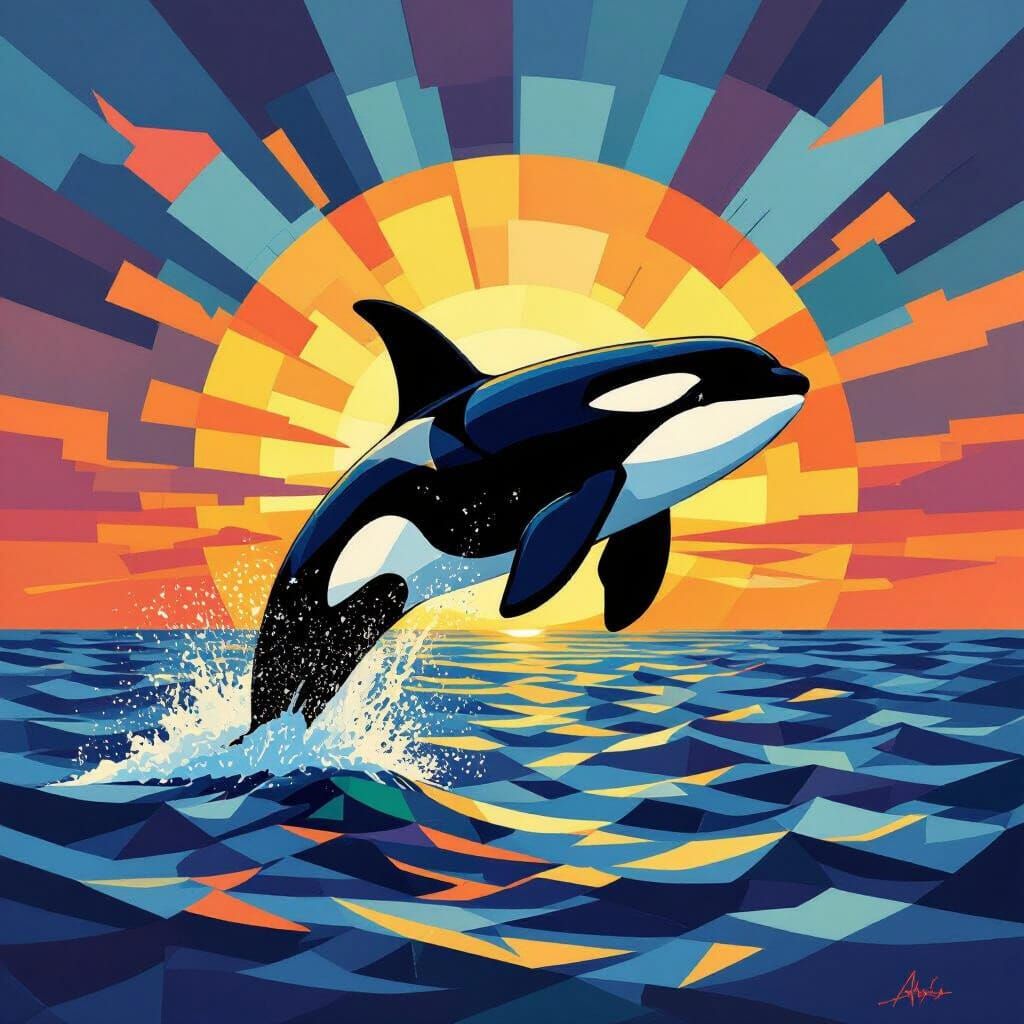 Majestic Orca Breaching in Cubist Sunrise