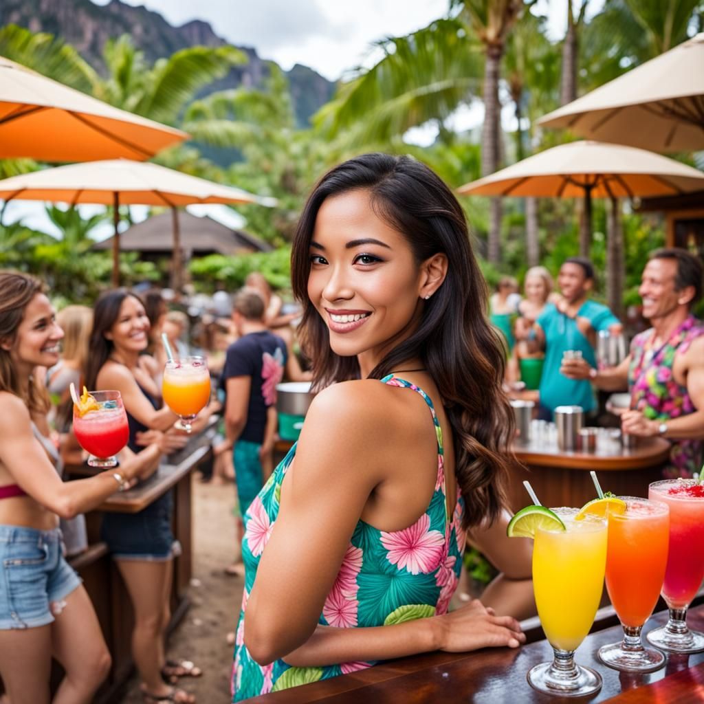 Hawaiian Bartender Serving Colorful Drinks at Outdoor Bar