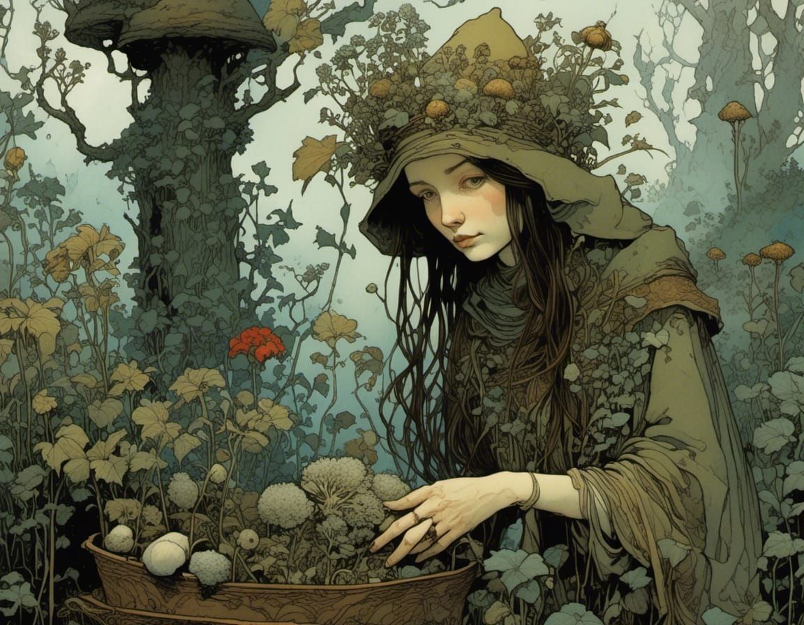 Ancient Herb Witch in Garden, Vintage Illustration