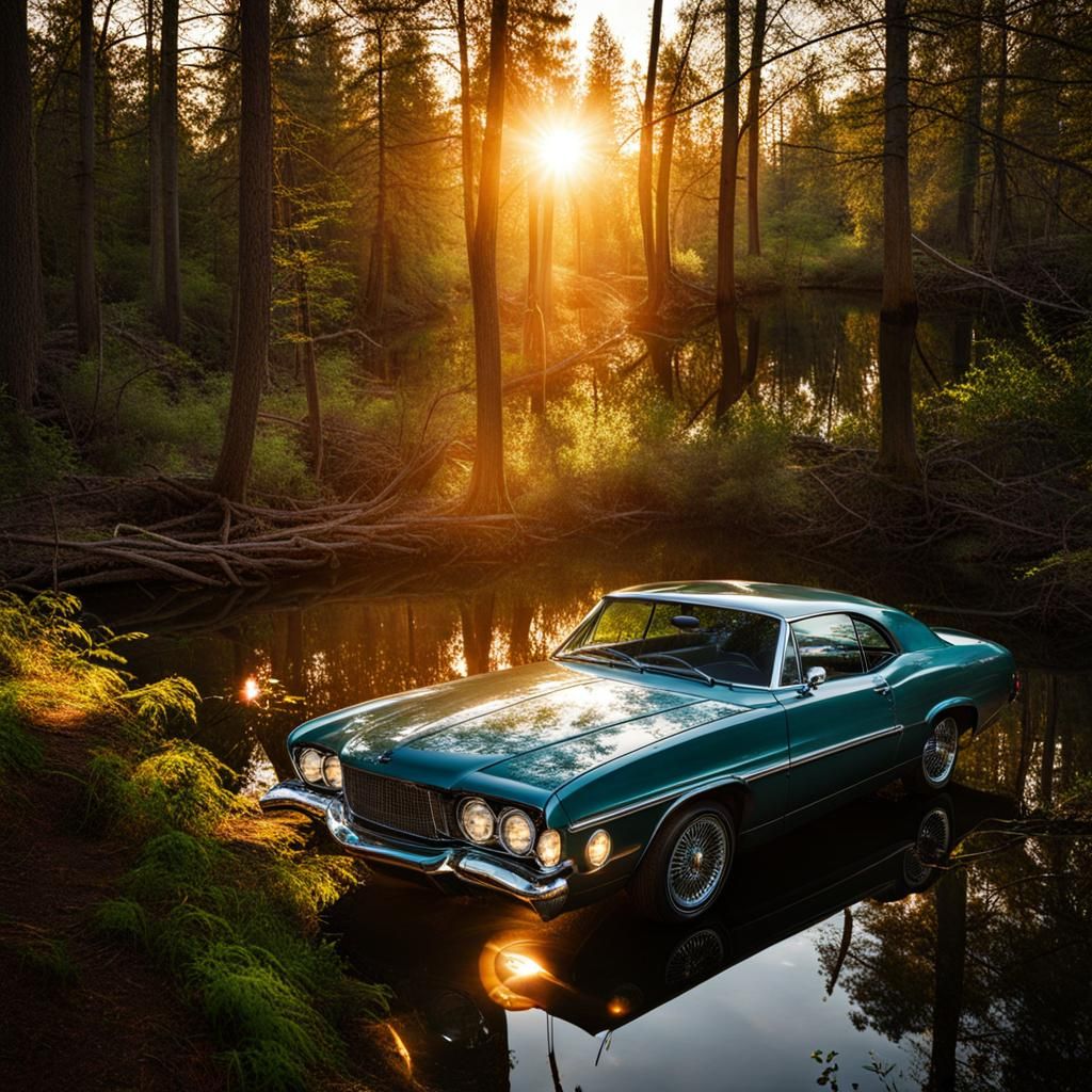 Sunlit Car Amidst Woods and Water