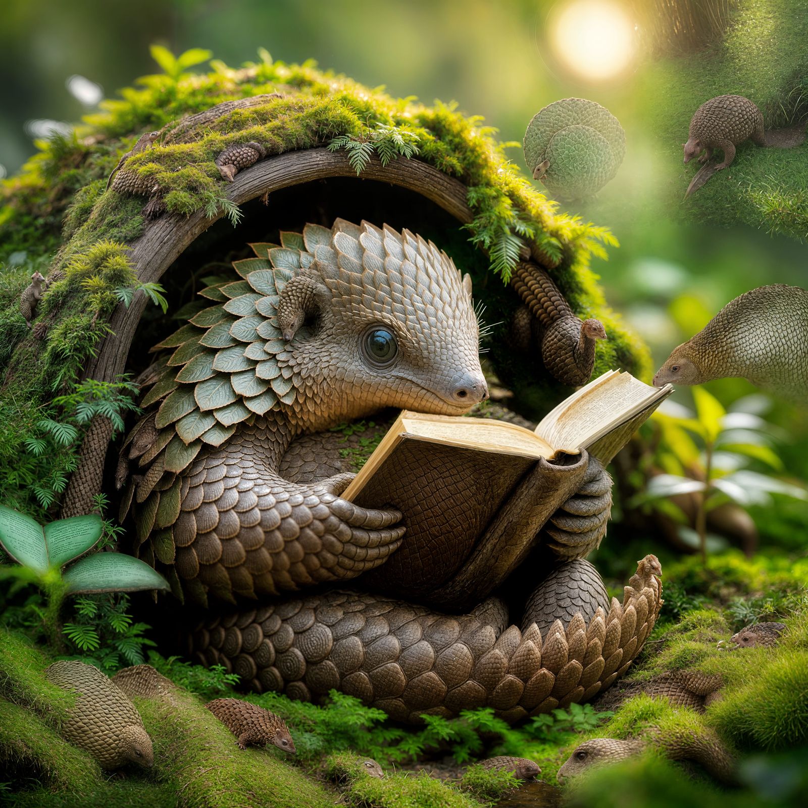 Pangolin Reads Tome in Mossy Underground Hideaway