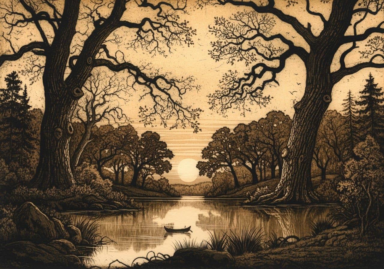 Lake Landscape in Etching and Aquatint Style