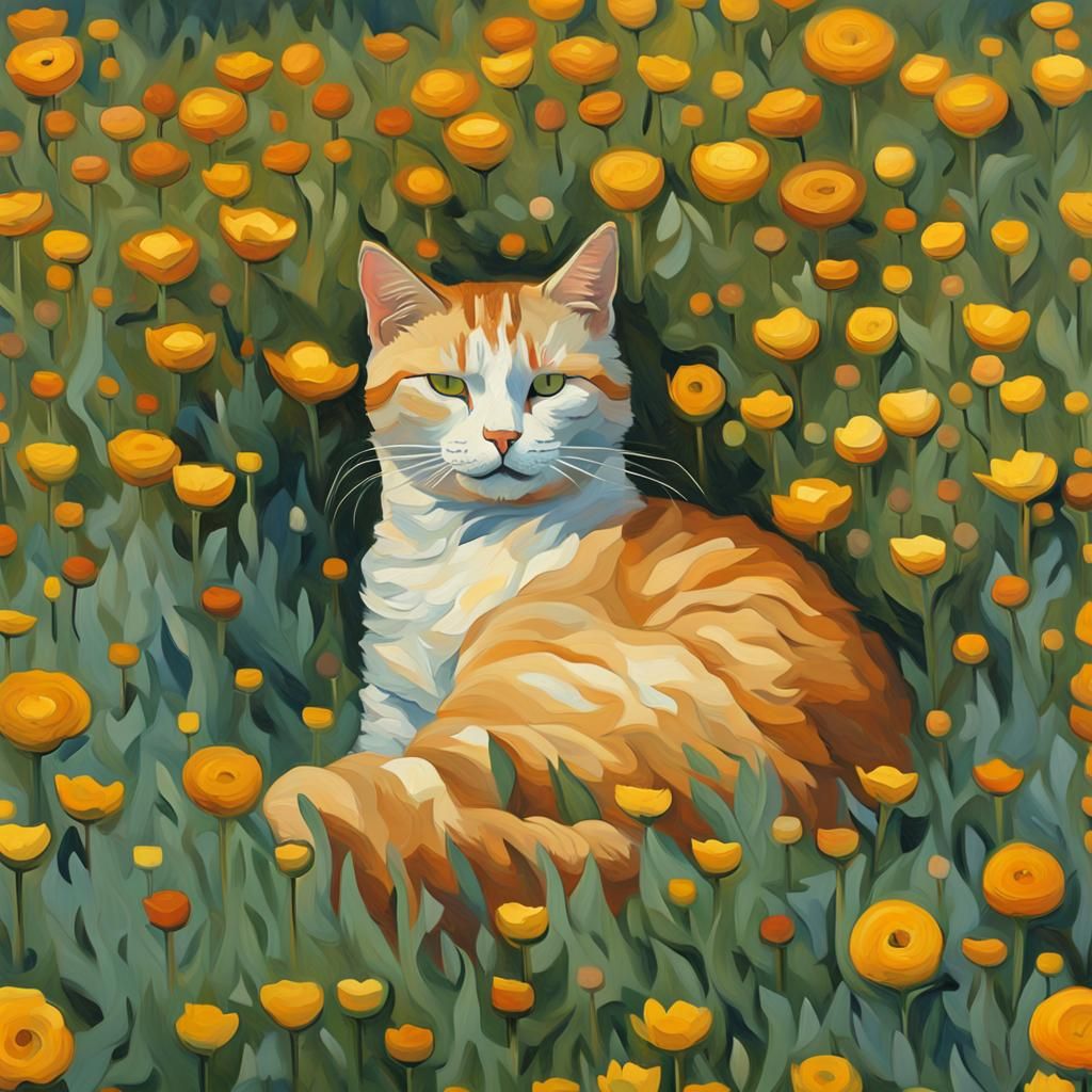 Cat Nap in Flower Field, Van Gogh Style