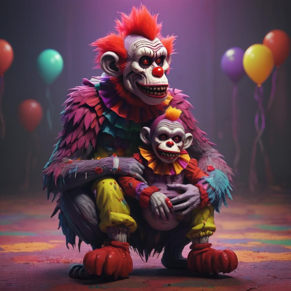 Zombie Monkey Clown Mother and Child in Pixel Art