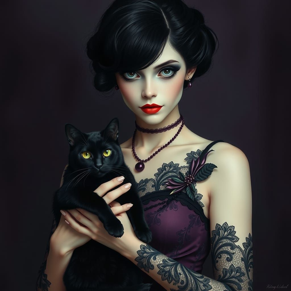 Gothic Woman with Black Cat in Victorian Style
