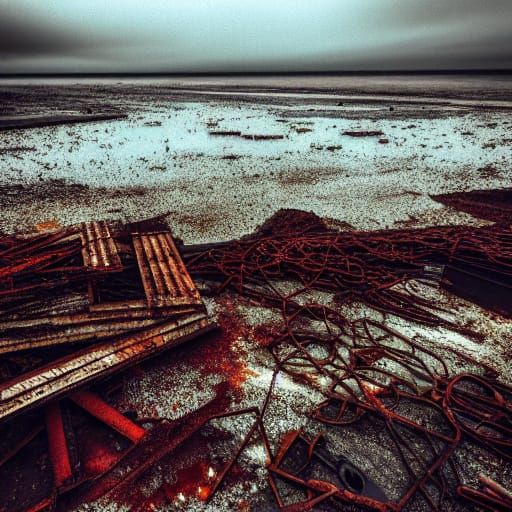 Post-Apocalyptic Landscape with Rusted Towers and Broken Sph...