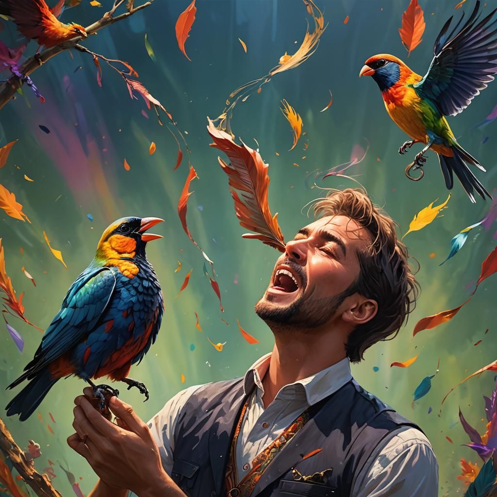 Hyperrealistic Man and Bird Sing Duet