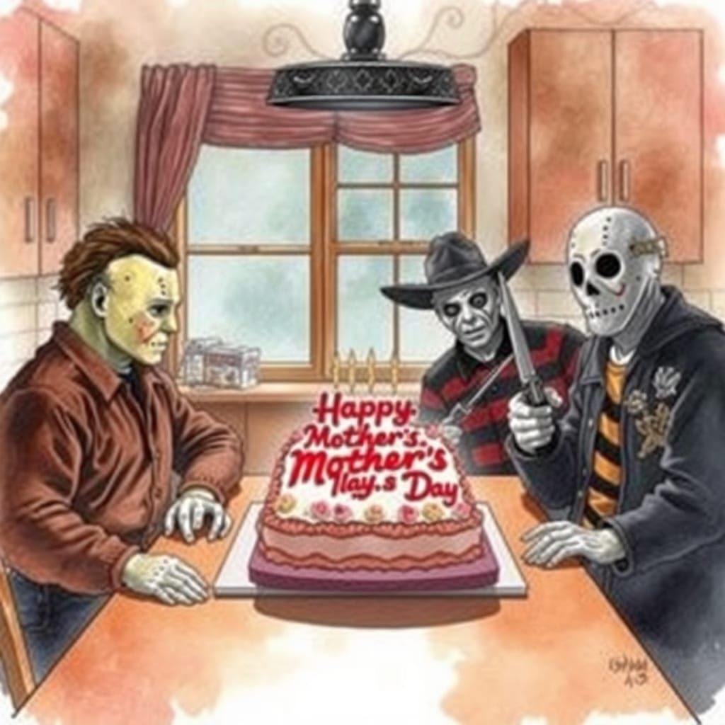 Horror Icons Celebrate Mother's Day in a Whimsical Watercolo...
