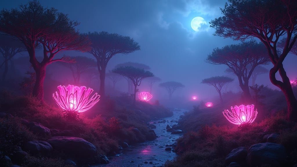 Surreal Alien Landscape with Neon Bioluminescent Plants in S...