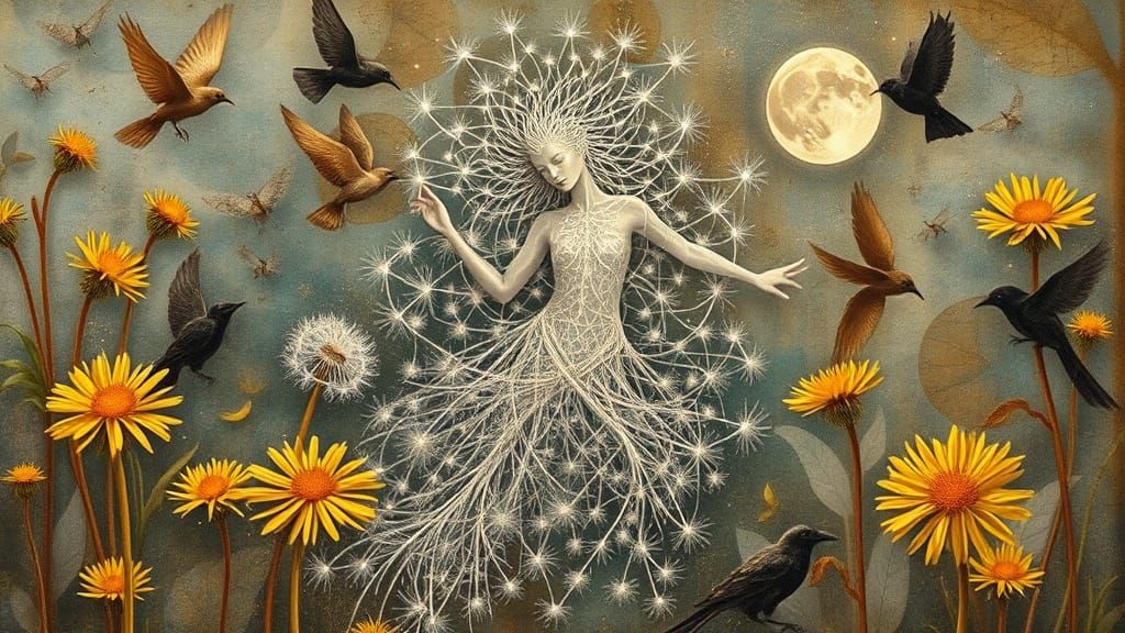 Ethereal Silver Being Radiates Iridescent Glow Amidst Dandel...