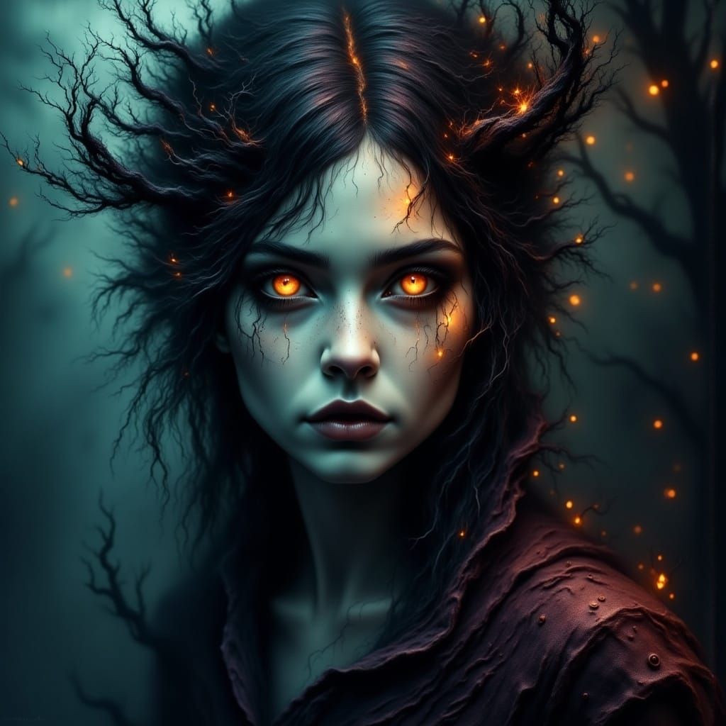 Mystical Woman with Piercing Gaze in Ethereal Light