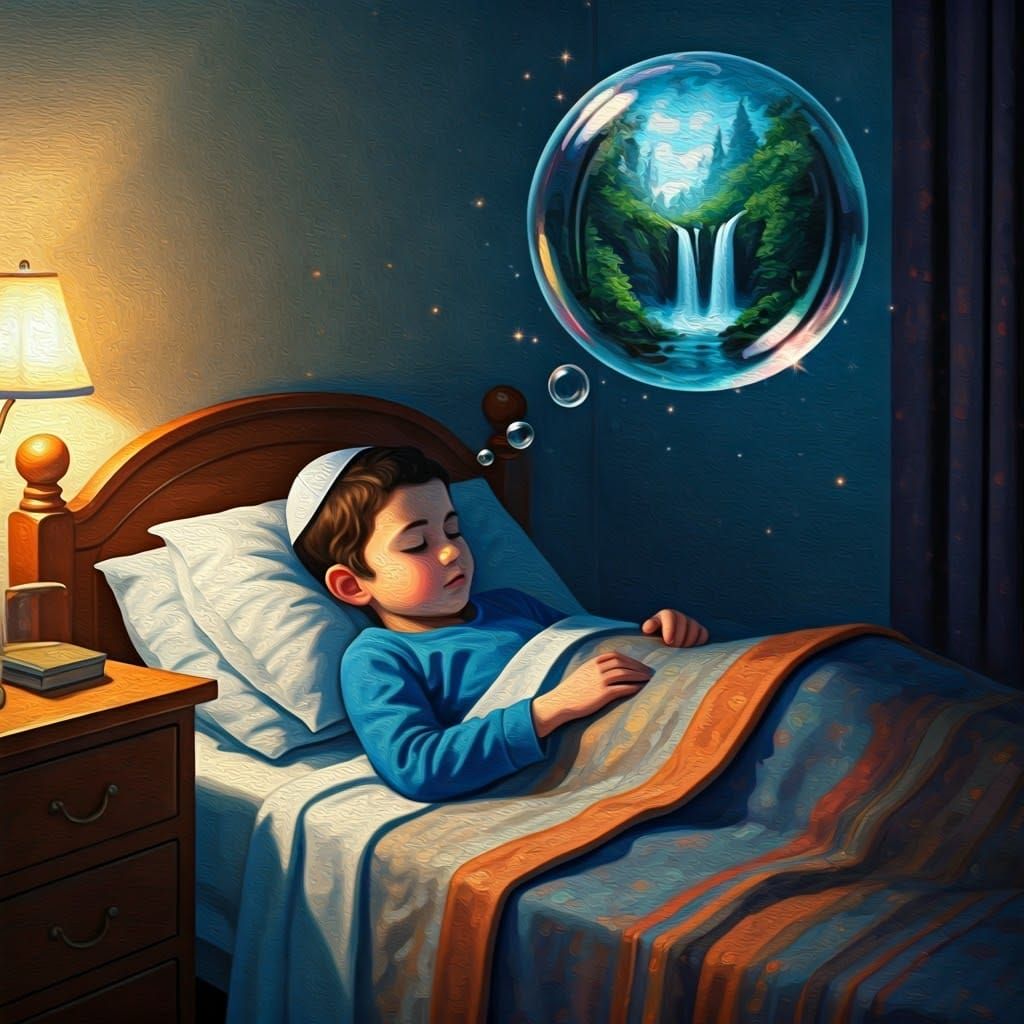 A Dreamy Scene of an Orthodox Boy Surrounded by Ethereal Bub...