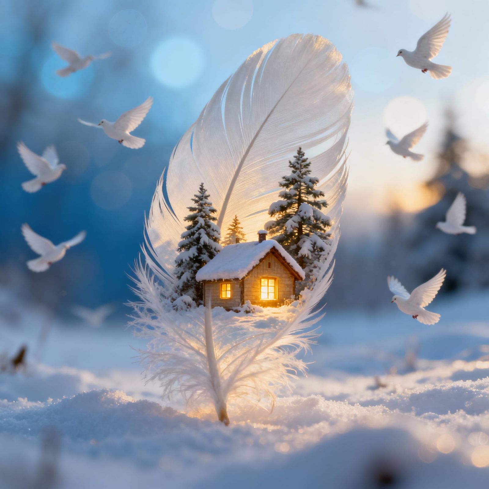 Winter Cottage Double Exposure with Feather