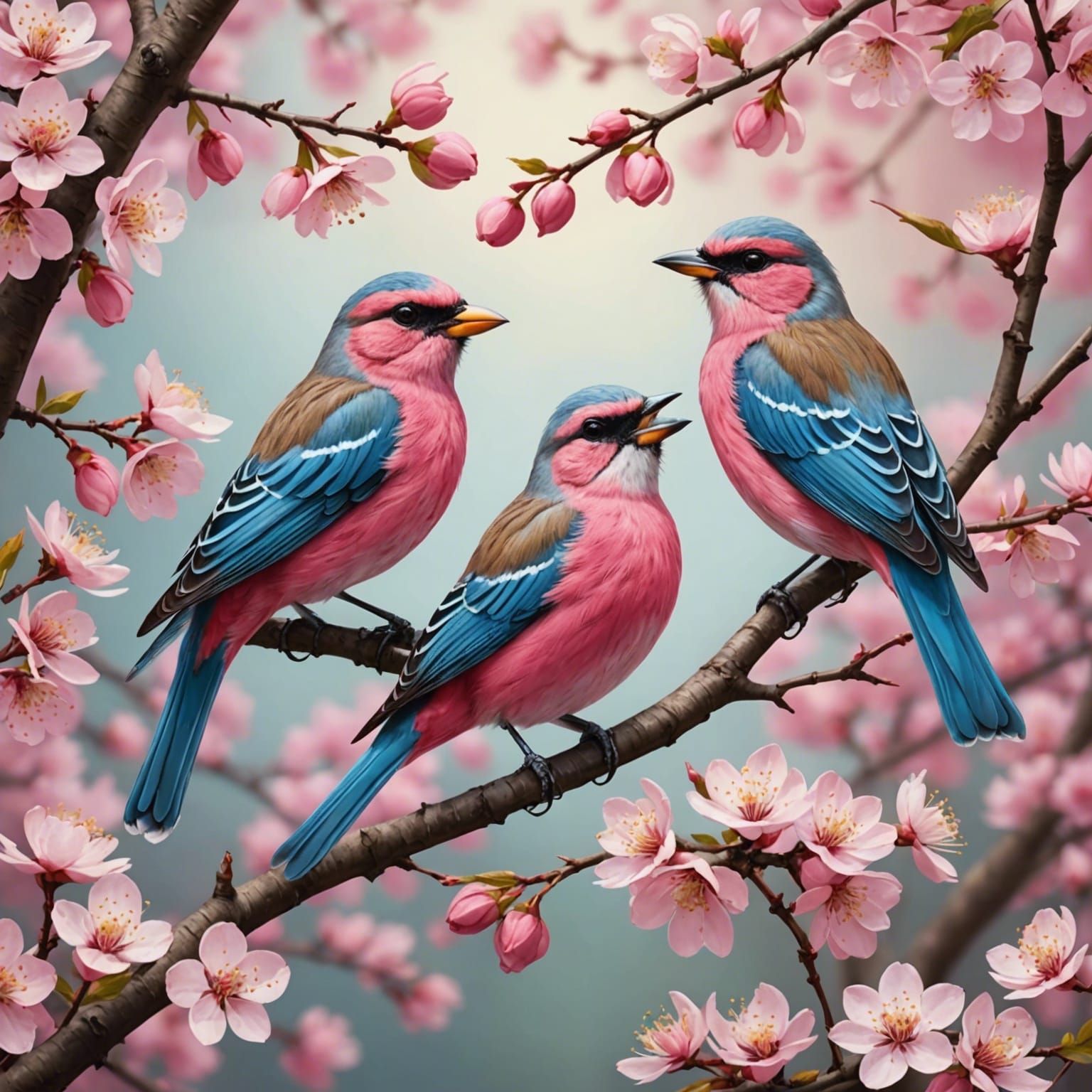 Pink Birds Singing on Blossom Trees