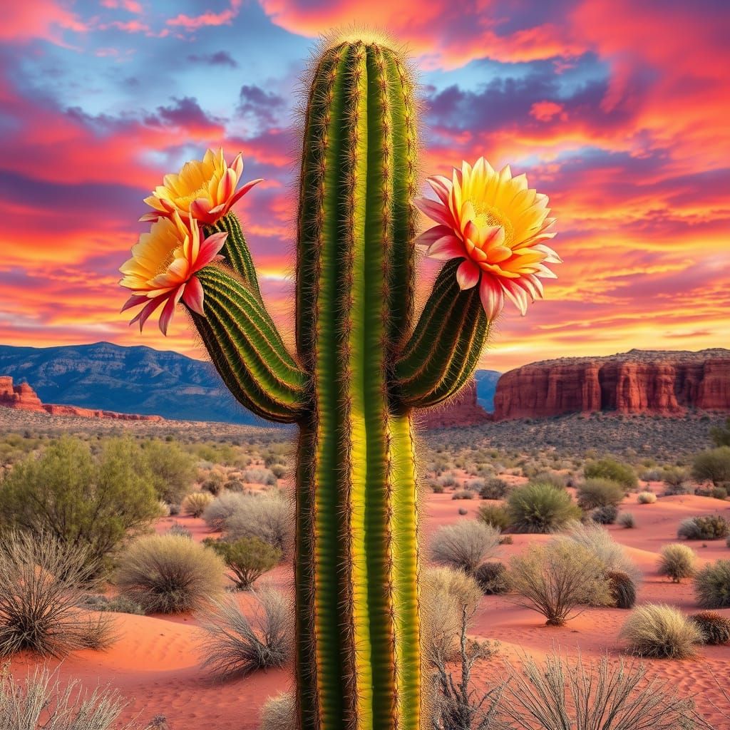 Majestic Saguaro Cactus Blooms in Desert Landscape