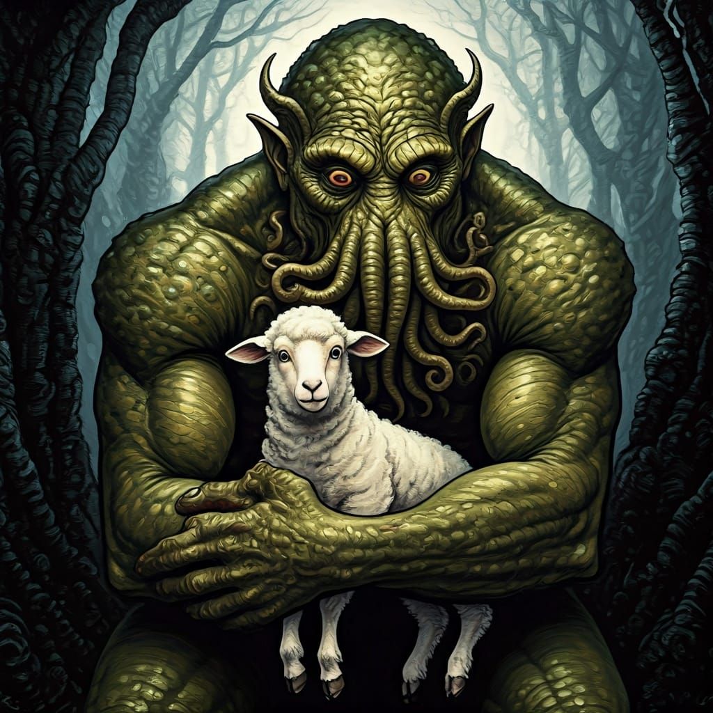 Cthulhu Hugs Lamb in Arthur Rackham Style