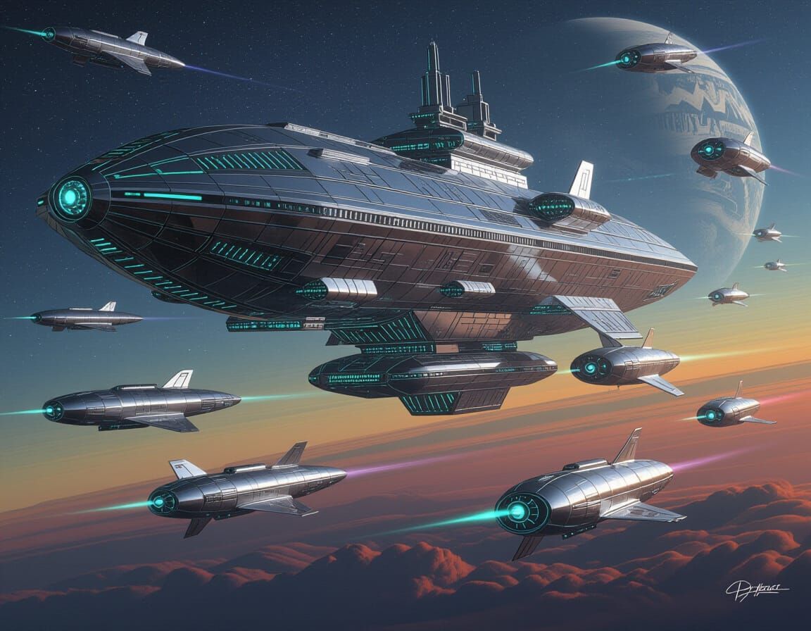 Art Deco Space Dock Above Nebula