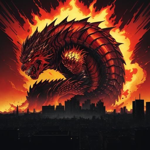 Keizer Ghidorah in Ruined City, Manga Illustration