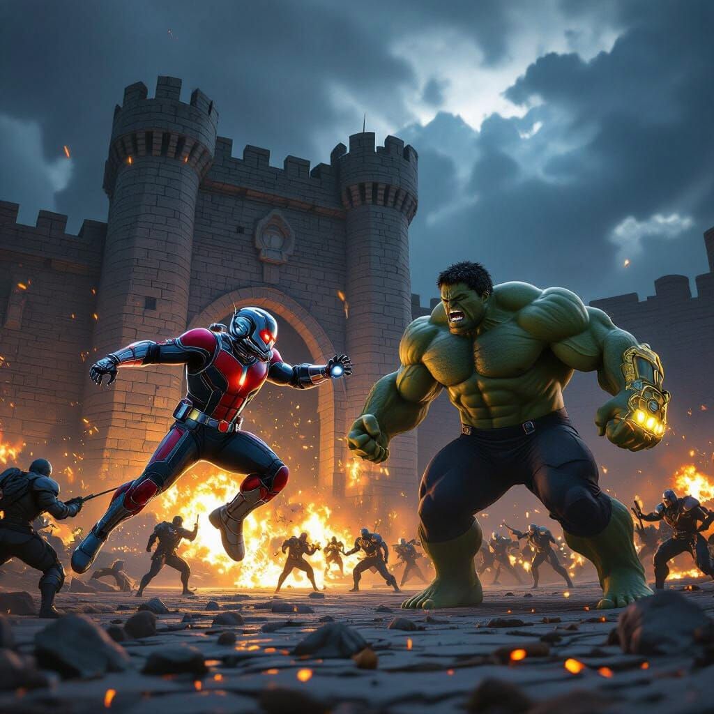 Ant-Man and Hulk Battle Thanos at Stone Fortress
