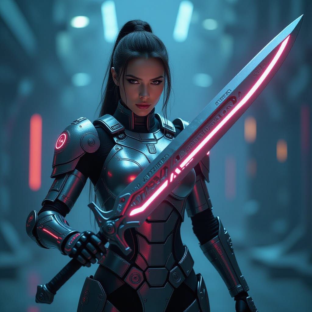 Futuristic Robot Warrior with Sword in Cyberpunk Style