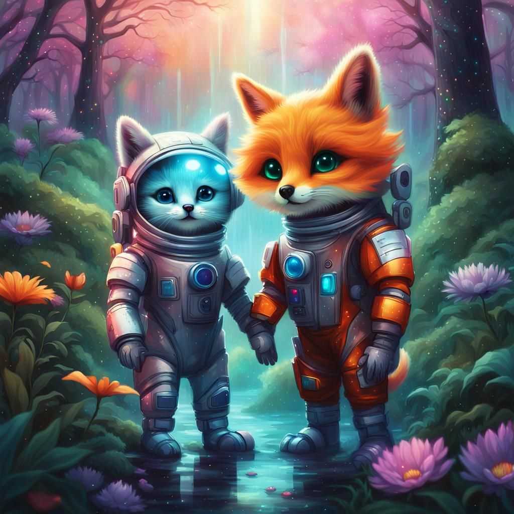 Kitten and Fox Astronauts in Fantasy Forest