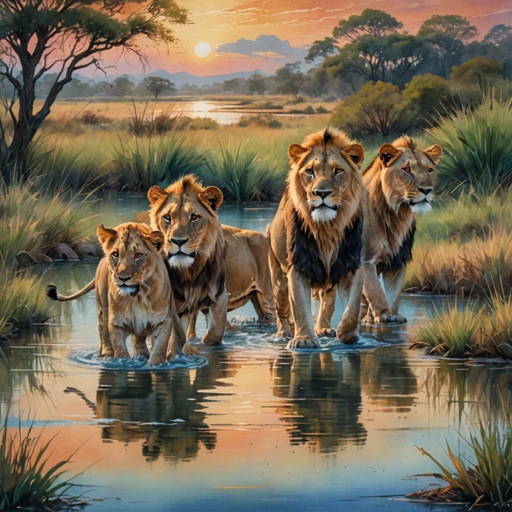 Lions Drinking in Savannah: Art Nouveau Splash Art