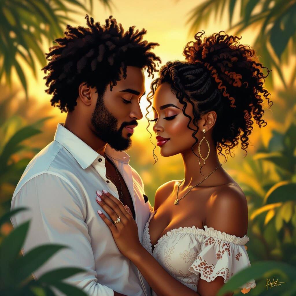 Romantic Jamaican Couple in Tropical Garden at Sunset