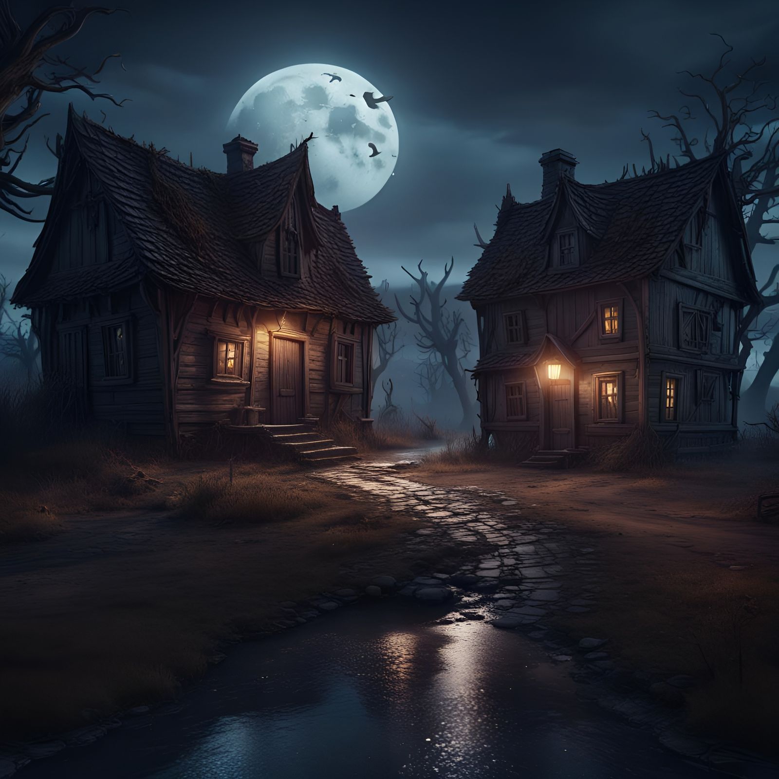 Realistic Horror Illustration of Abandoned Village