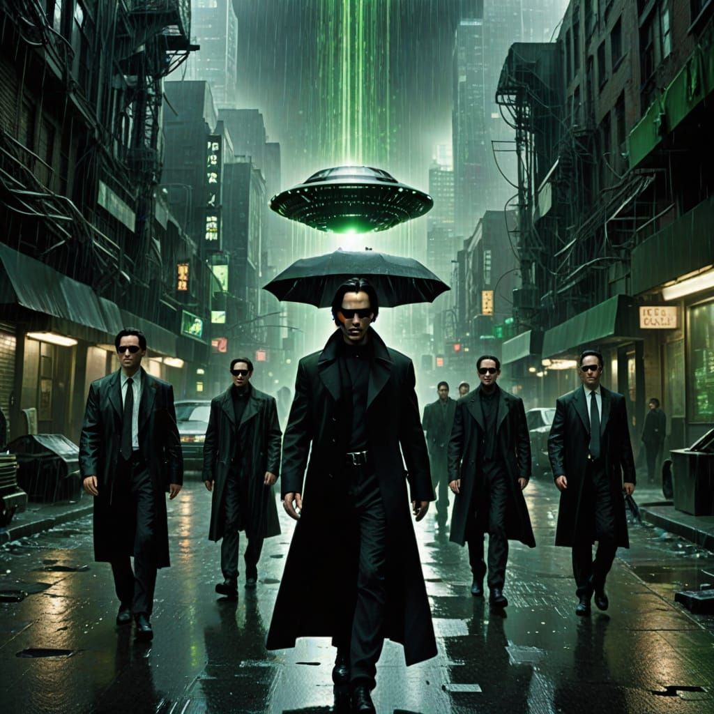 Neo in Glitching Matrix Alleyway with Men in Black