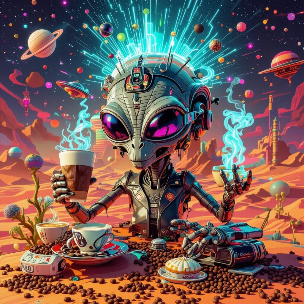 Alien Coffee Lover in Futuristic Neon Cafe