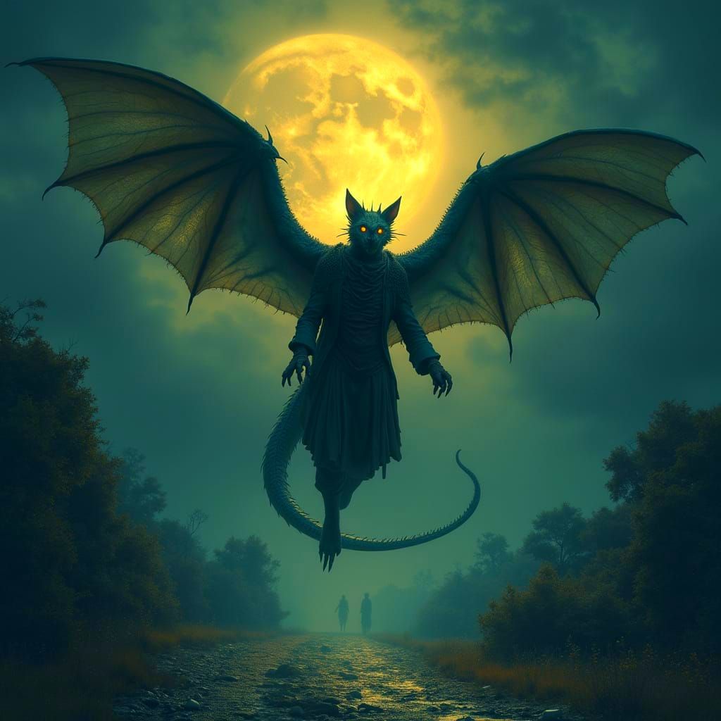 Gothic Dragon Soaring Under Starry Sky, Gustave Doré Style