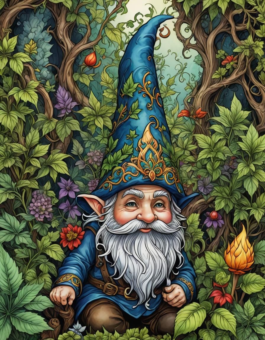 Surreal Gnome Enchantress amidst Blooming Cannabis, in Whims...