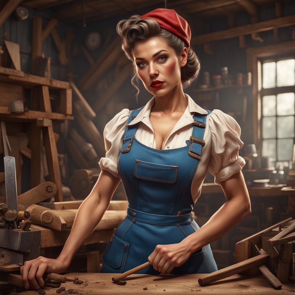 Hyperrealistic Carpenter Pinup Girl in Detailed Matte Painti...