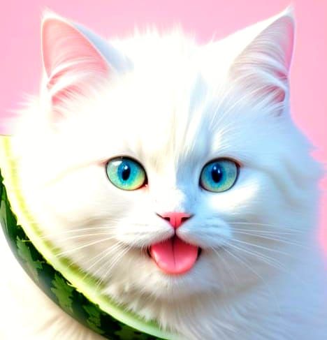 Cute Fluffy White Cat Wearing Half a Watermelon Hat