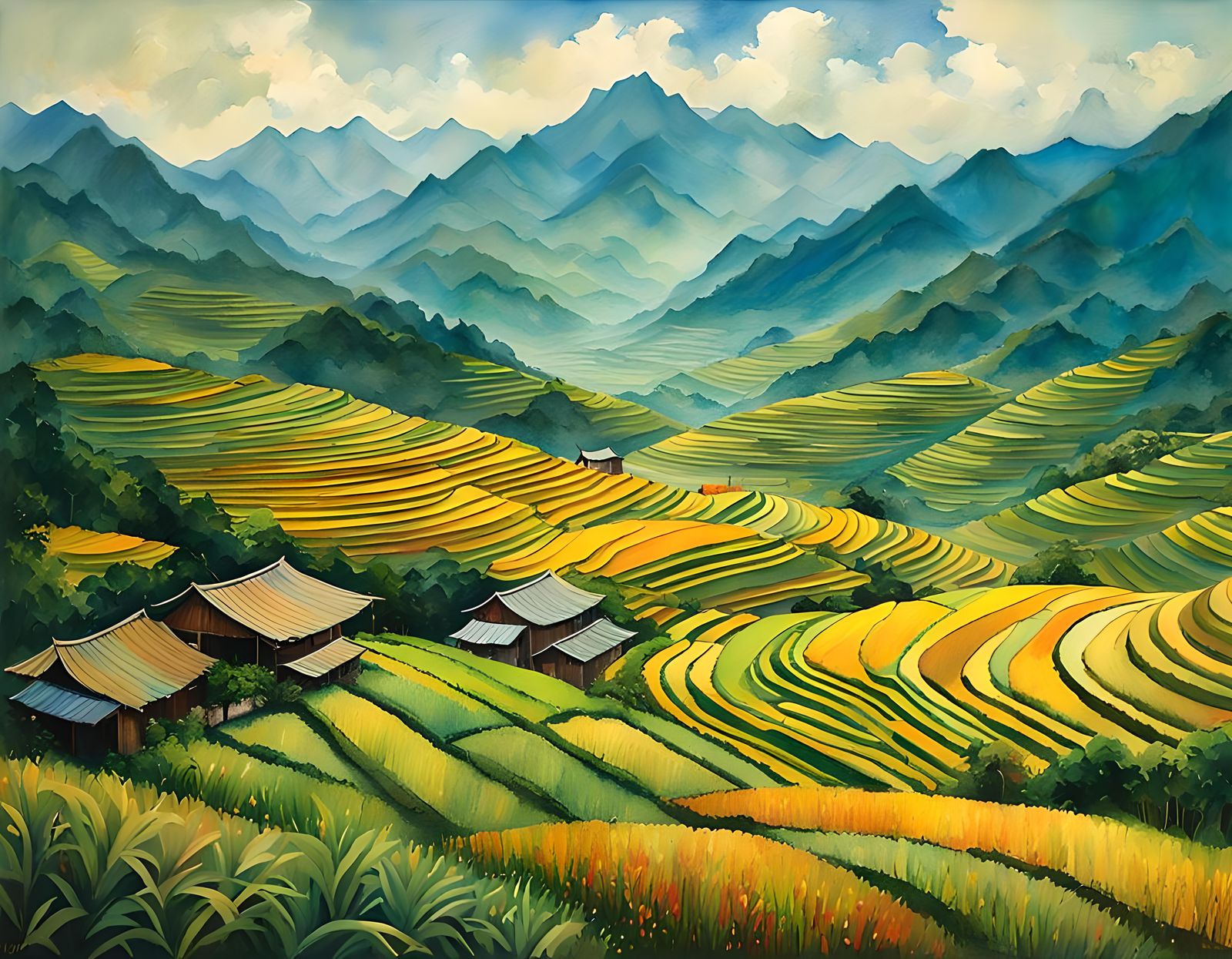 Sapa Rice Paddies: Watercolour Impressionist Landscape