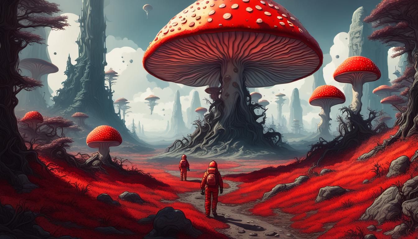 Cosmonauts Explore Alien World with Giant Mushrooms