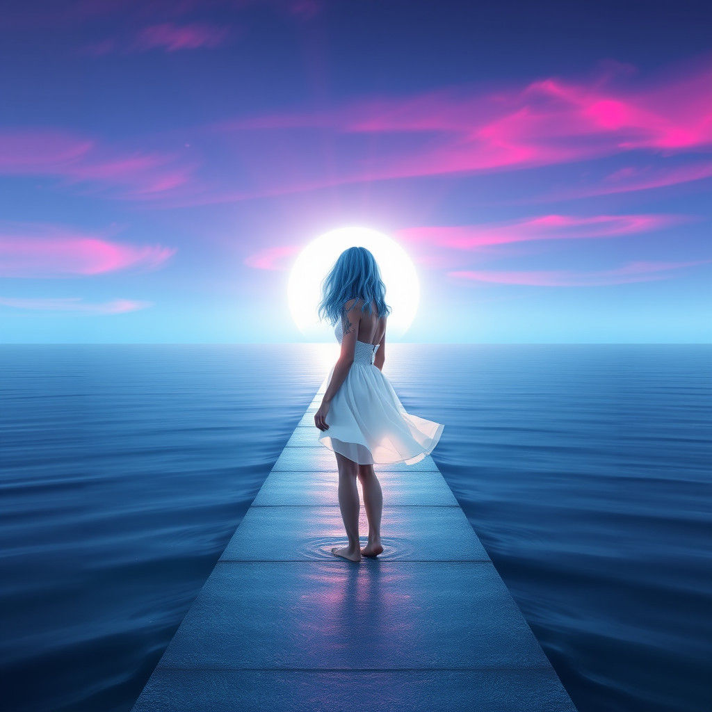 Moonlit Ocean Scene with Girl, Fantasy Matte Painting