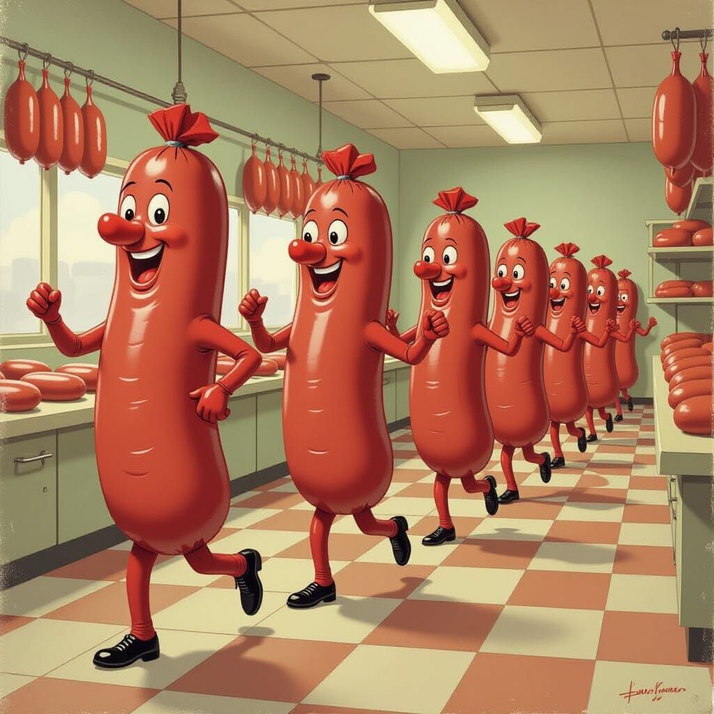 Dancing Bologna Sausages in a Butchery