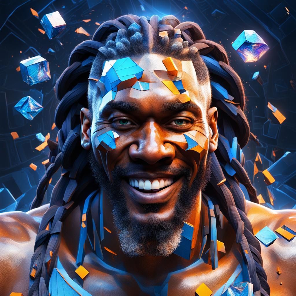 Surreal Portrait of Braided Man with Cosmic Fragmentation