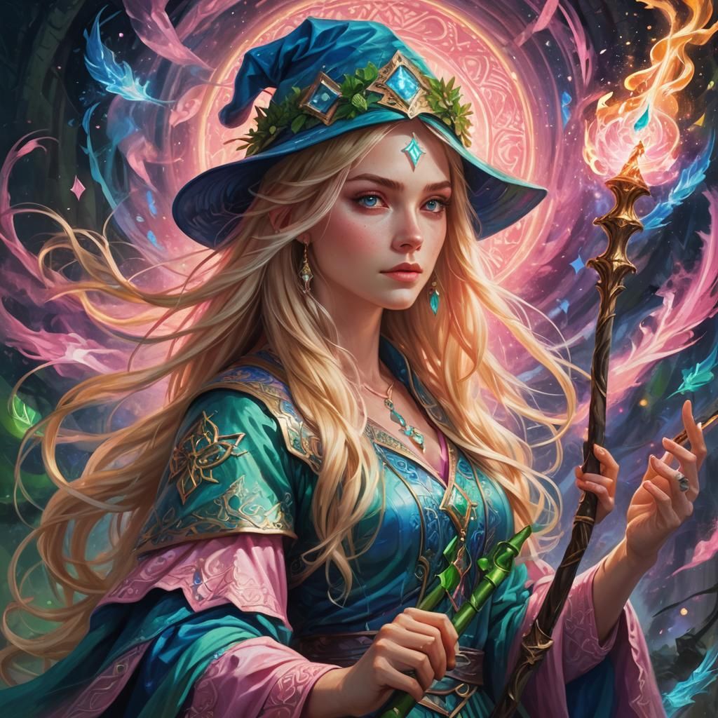 Magical Woman with Staff in Oil Painting Style