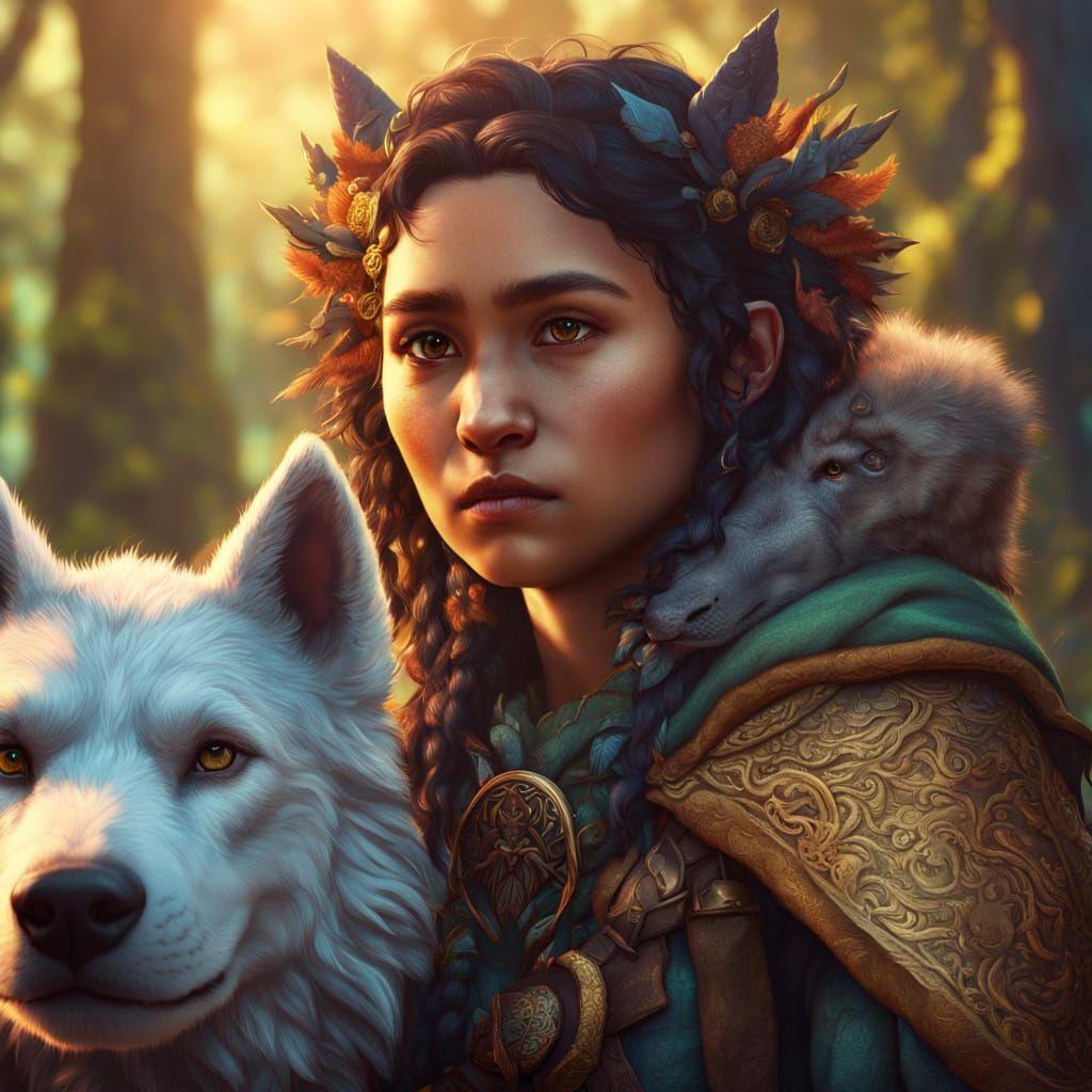 Halfling Druid with Dire Wolf in Digital Painting Style