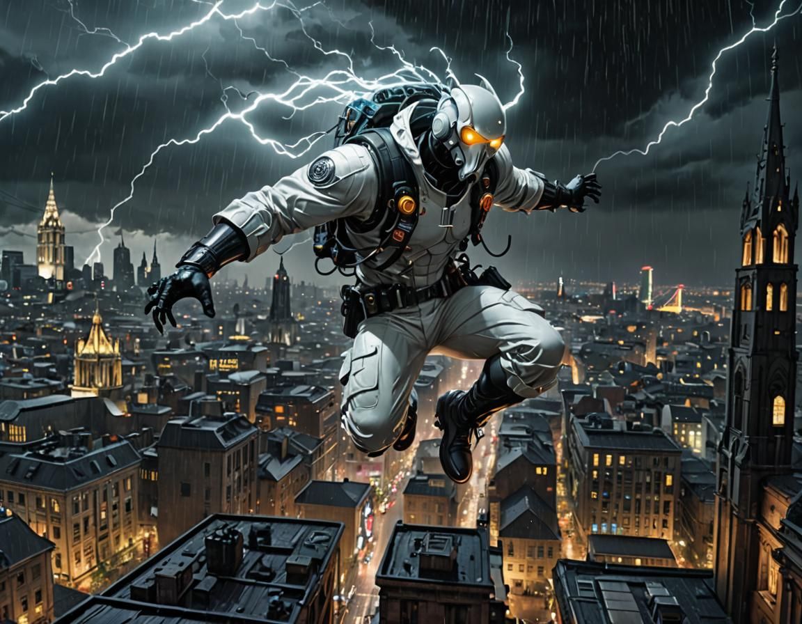 Cyberpunk Leaping Hero Amidst Electric Storm