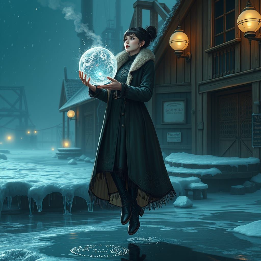 Cyborg Girl in Steampunk Outpost, Frozen Water and Energy Sp...