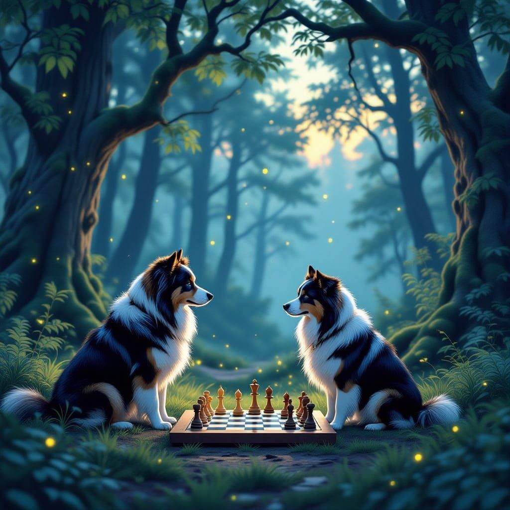 Wise Dog and Chessboard in Twilight Forest