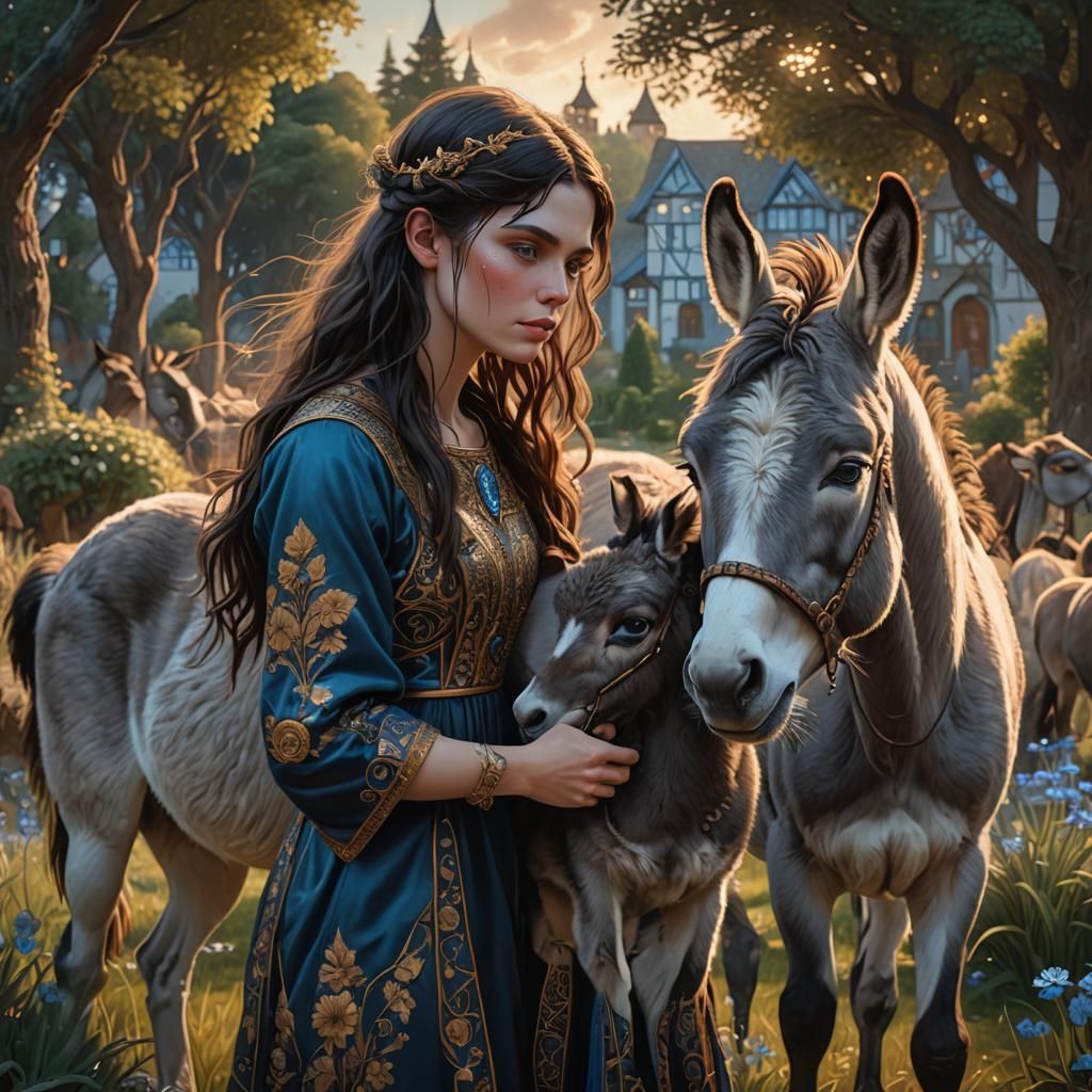 Girl with Donkey in Art Nouveau Style